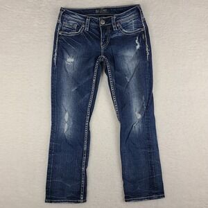 Silver Jeans Womens 26 Blue Aiko Mid Capri‎ Distress Dark Wash Denim